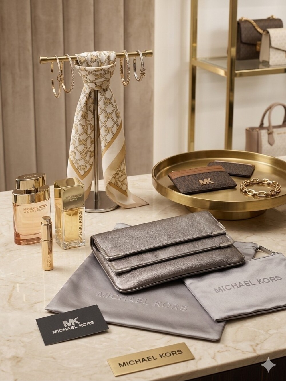 Michael Kors Metallic Bronze Leather Clutch with Silver Hardware